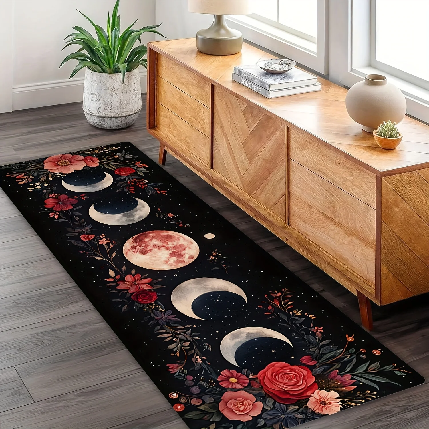 Bohemian Moon Phase Floral Area Rugs, Artistic Non-Slip, Decorative Mat for Hardwood Floors, Laundry Room, Sink Floor, Bedroom