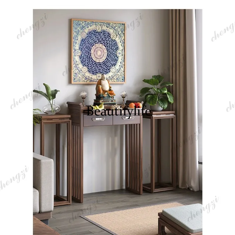 A68 Black Walnut Solid Wood Offering Table Zhongtang Buddha Statue Table Buddhist Hall God of Wealth Offering Table