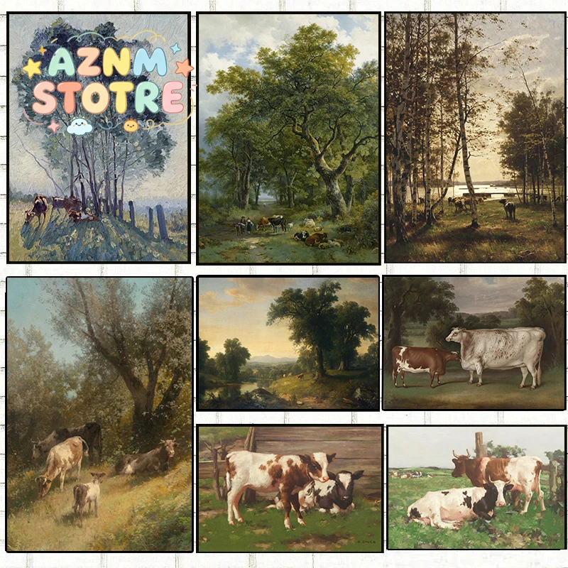 Vintage Rural Antique Animals Poster Cows in The Forest and Pasture Canvas Painting Farmhouse Wall Art Picture Office Home De