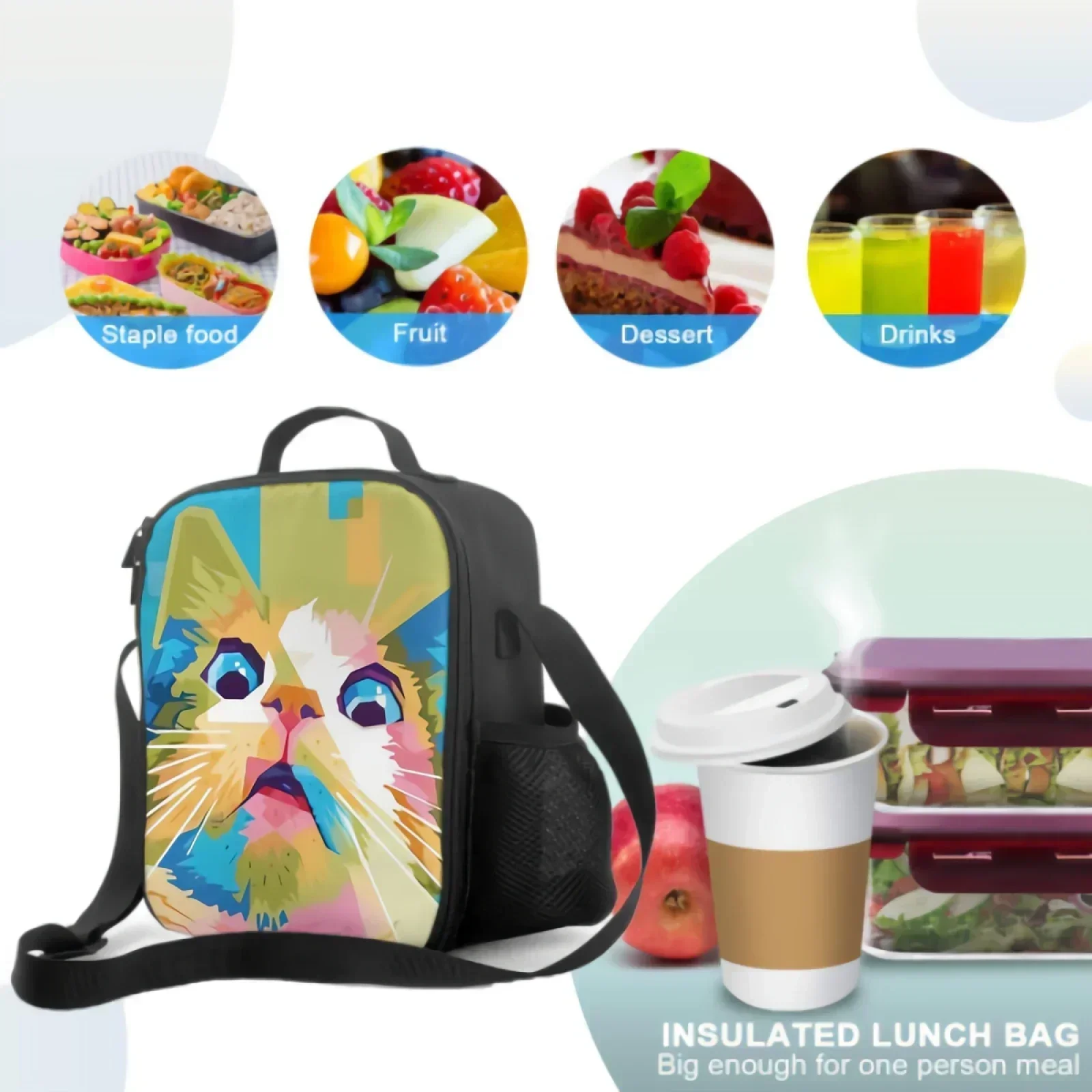 Funny Cat On Pop Art Style Insulated Lunch Bag for School Work Picnic Abstract Painting Tote Lunch Container Reusable Cooler Bag