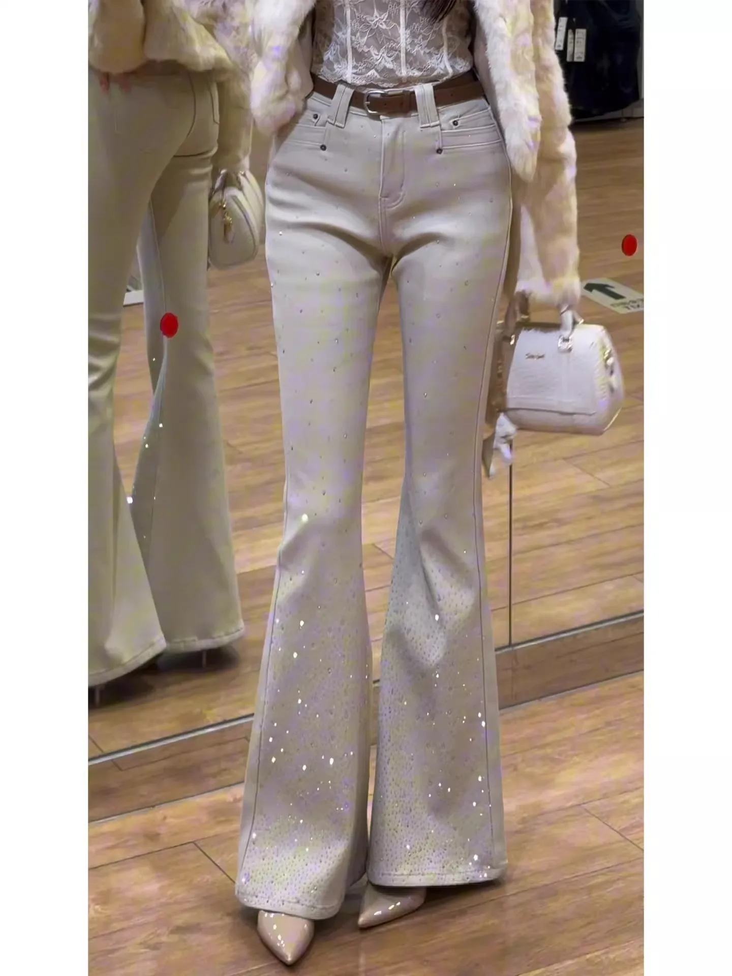 

Blue Fce Lined Flared Jeans Women High Waist Straight Leg Bootcut Pants Winter Casual Slimming Trousers Non-Sti Leg