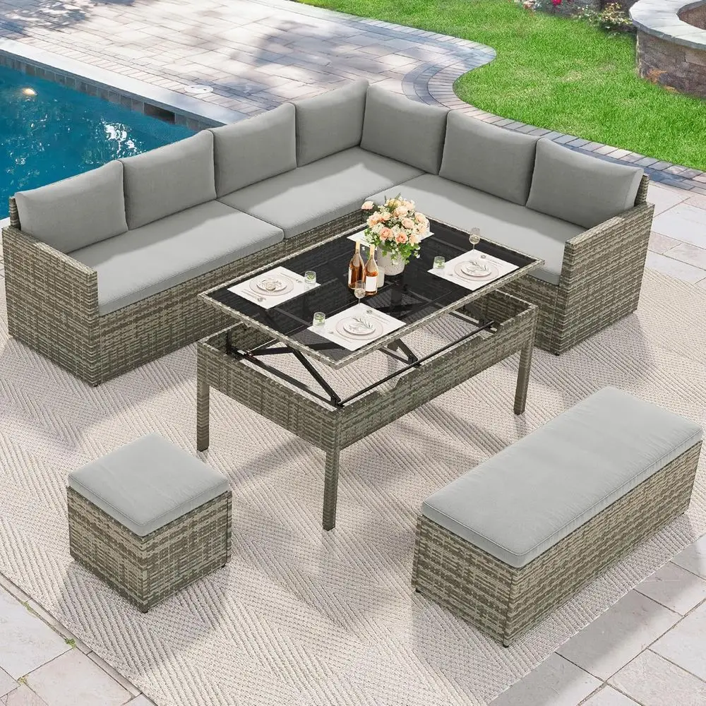 

Gray Gradient Outdoor Patio Sectional Sofa Set with Ottoman and Light-Up Coffee Table
