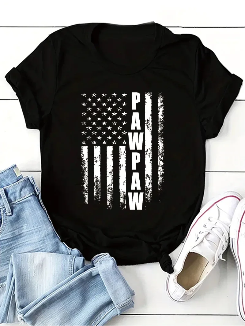 Pawpaw America Flag Print T-Shirt Druck T-Shirt Mädchen lässig reguläre Tops T-Shirt Dame Kleidung Sommer O-Ausschnitt Kurzarm