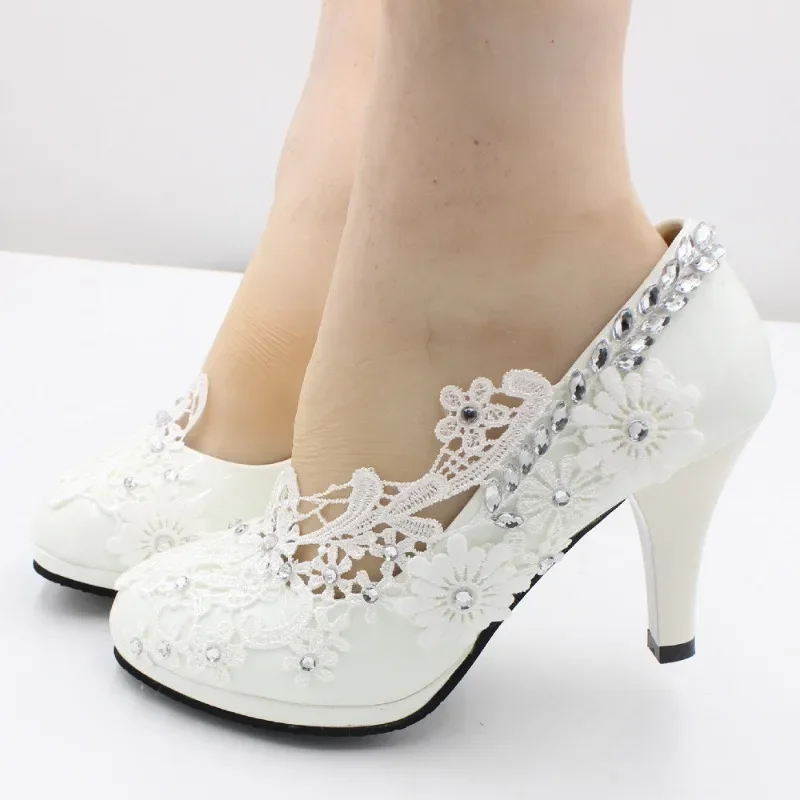 DRESS Women Pumps PU Lace 3 5 8 CM Thin Heels Lace Silver Glitter Decoration White Wedding High-heeled Wedding Shoes Woman Shoe