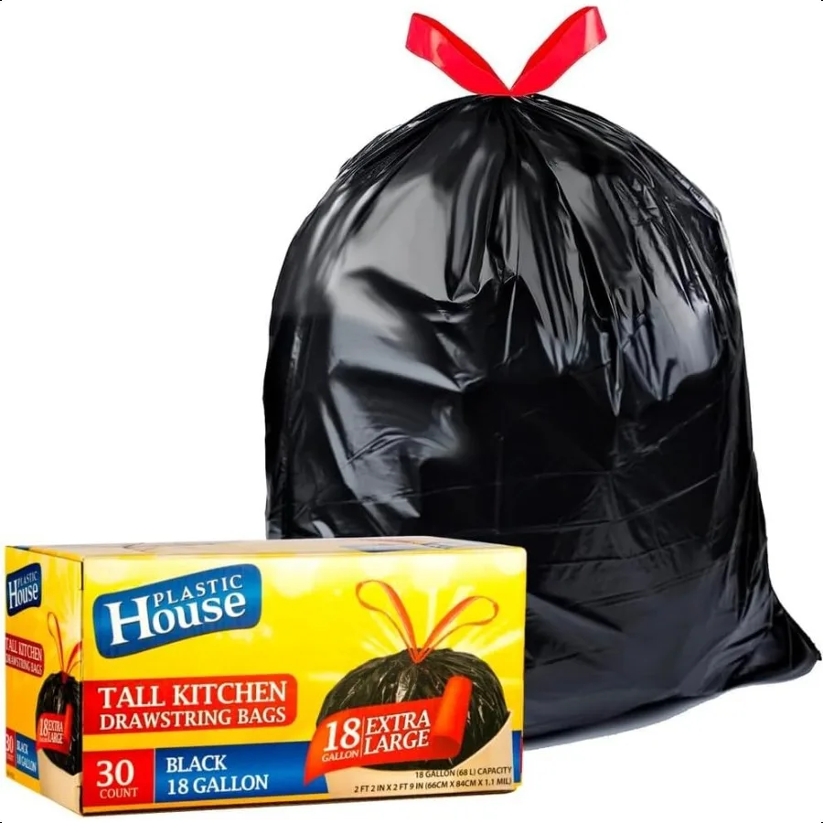 

Прочные большие мешки для мусора на шнурке 18 галлонов, черные вкладыши для банок, кухонные мешки для мусора, многофункциональные 30-каратные домашние мешки для газона