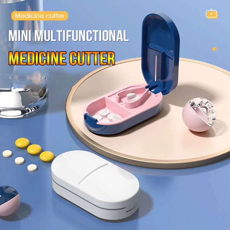 Portable Pill Splitter 2-in-1 Pill Box with Stainless Steel Blade Suitable for Vitamin Tablets Cutting Pills 1/2 1/4 with