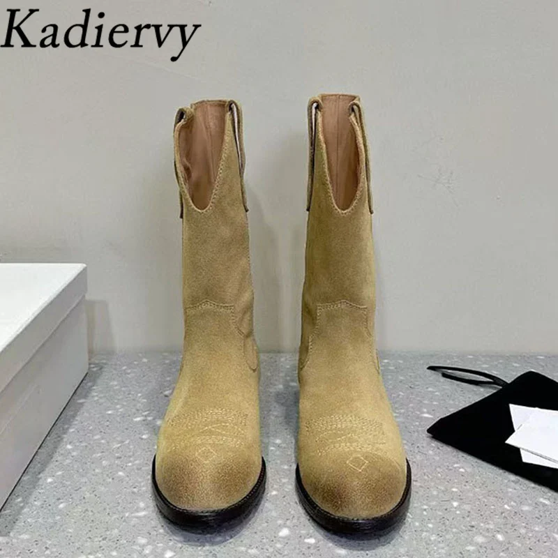 Luxury Quality Cow Suede Western Cowboy Boots Women Flat Retro Shoes Woman Round Toe Embroidery Mid Calf Boots Woman