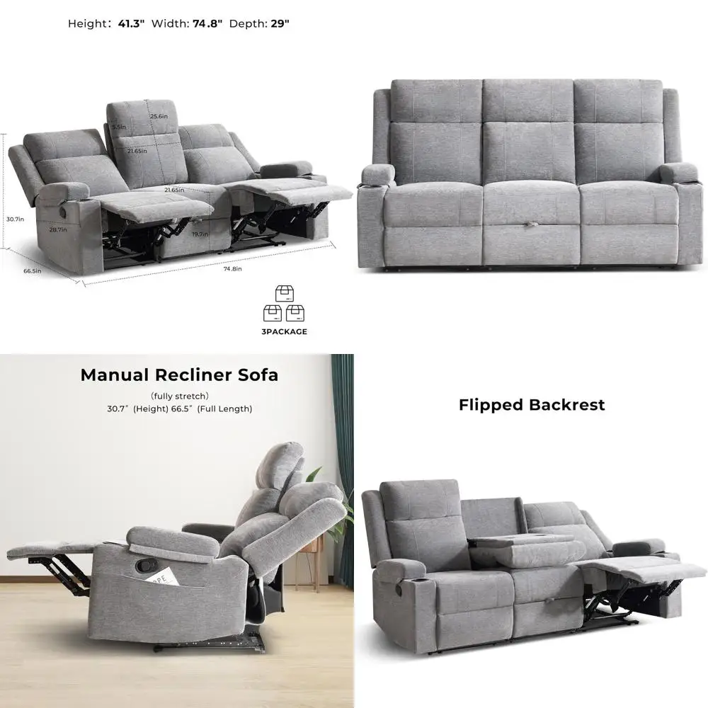 أريكة استرخاء من الشنيل بثلاثة مقاعد مع حاملات أكواب، مقاعد واسعة، سهلة التجميع، قماش مقاوم للانسكاب لغرف المعيشة المريحة والمركبات الترفيهية #1