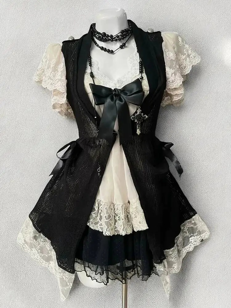 

New Design Sense Layering Black Cardigan Lace Splice Short Sleeves Tops Skirt Three-piece Set Fiesta Carnival Halloween Cosplay