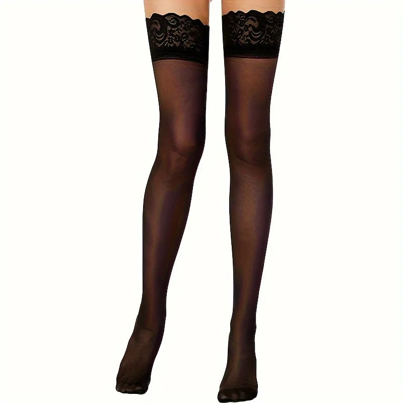 Meias Altas de Renda Pretas para Mulheres, Meias Transparentes Acima do Joelho com Topo Elástico Largo para Vestidos, Festas e Uso Diário
