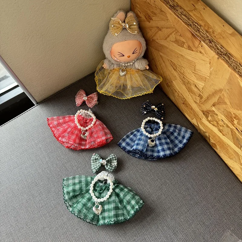 ل 17 سنتيمتر Labubu الملابس الملونة منقوشة تنورة الفينيل دمية فستان شاش الملابس هدايا الحفلات