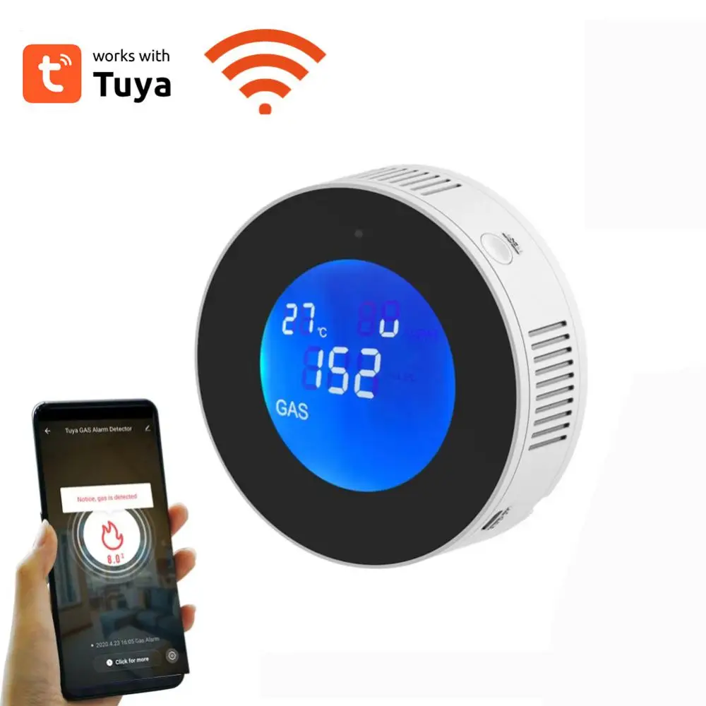 1~8PCS Tuya Wifi Smart Natural Gas Alarm Sensor With temperature function Combustible Gas Leak Detector LCD Display  Smart Life