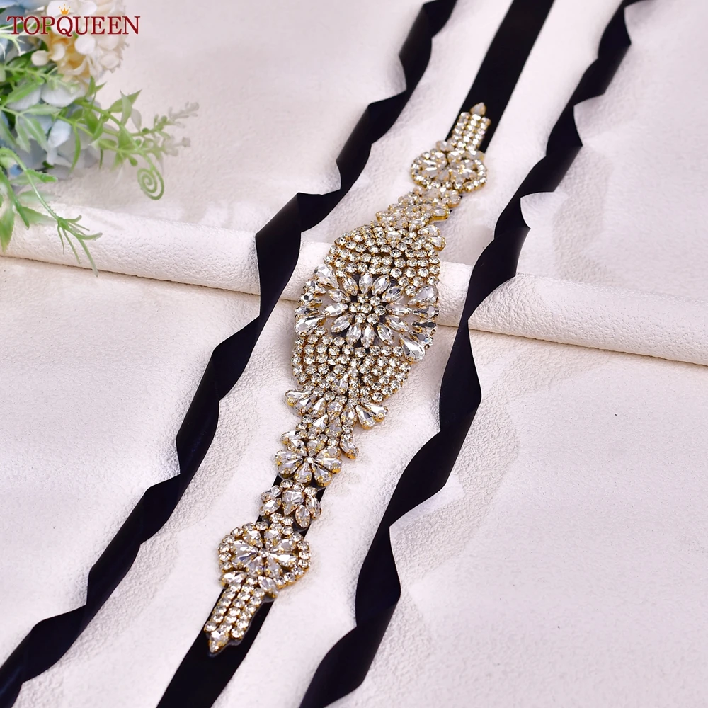 TOPQUEEN Wedding Gold Belt Banquet Dress Waist Decoration Bridesmaid Belt Gold Rhinestone Applique Moroccan Sash S123-G