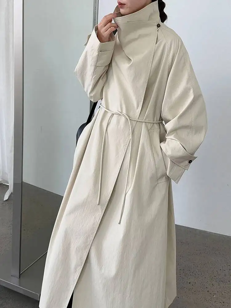 Women Apricot Big Size Long Elegant Trench New Stand Collar Long Sleeve Windbreaker Fashion Tide Spring Autumn