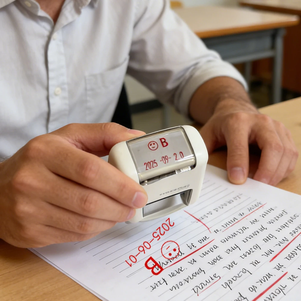 English Teacher Stamp with Adjustable Date Reward Seal PASS Good Perfect OK A+ Customize Praise Date Roller Stamp for Students