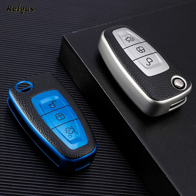 

Leather Car Flip Key Case Cover for Ford Focus C-Max S-Max Galaxy Mondeo Ranger Transit Custom Tourneo Car Key Protector Shell