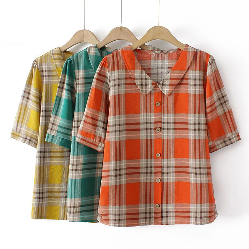 Women Vintage Classics Plaid Button Up Shirt Summer Fashion Peter Pan Collar Short Sleeve Blouse Simple Casual Loose Tops Blusas