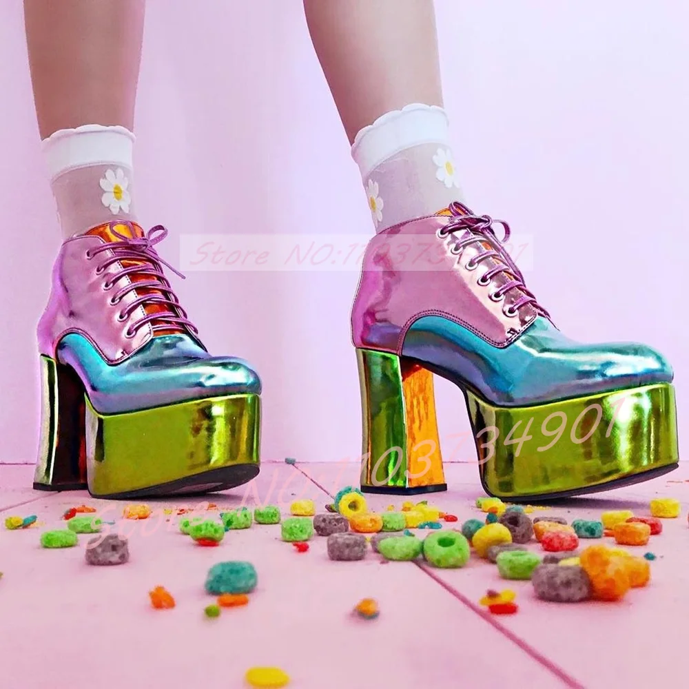 Metallic Multicolor Block Heel Platform Boots Women Patchwork Lace Up Goth Boots Lovely  Y2K Footwear