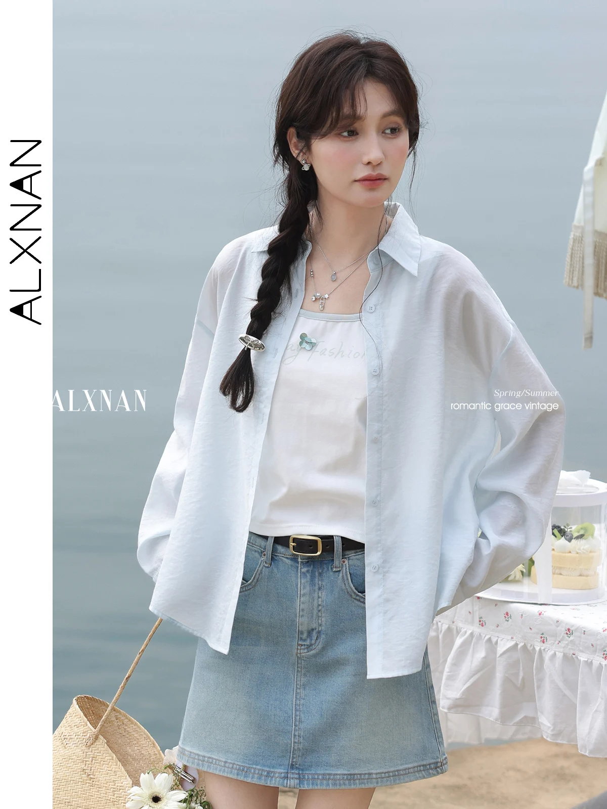 

ALXNAN Women's Light Blue Shirt 2025 Summer Elegant Long Sleeve Blouses Back Slit Design Loose-fit Sunscreen Tops Ladies L55118