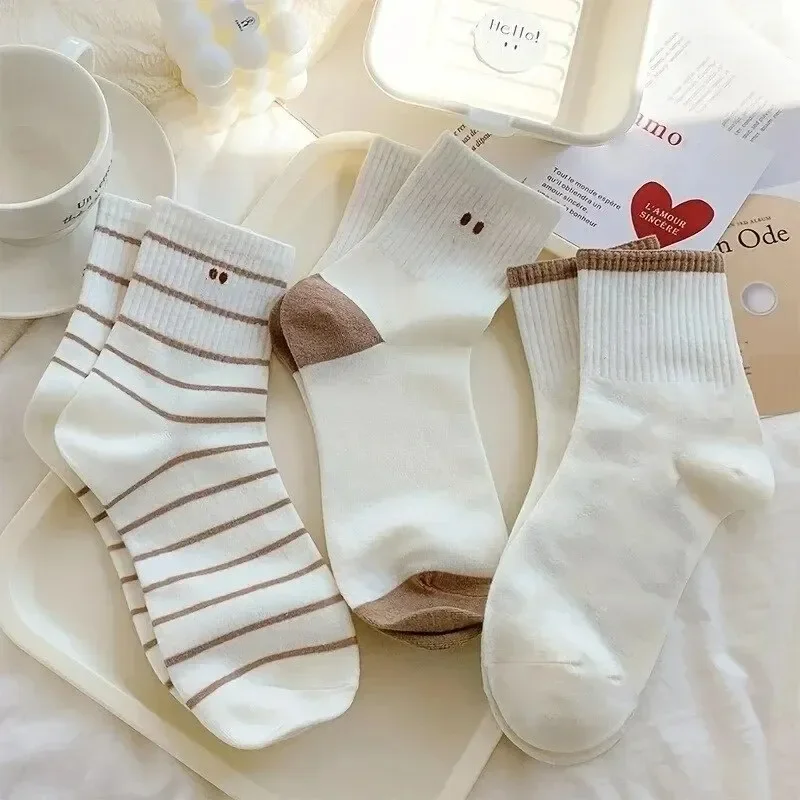 5 Pairs Cute Smiling Print Socks, Comfy & Soft Crew Sports Socks, Women's Stockings & Hosiery image 3