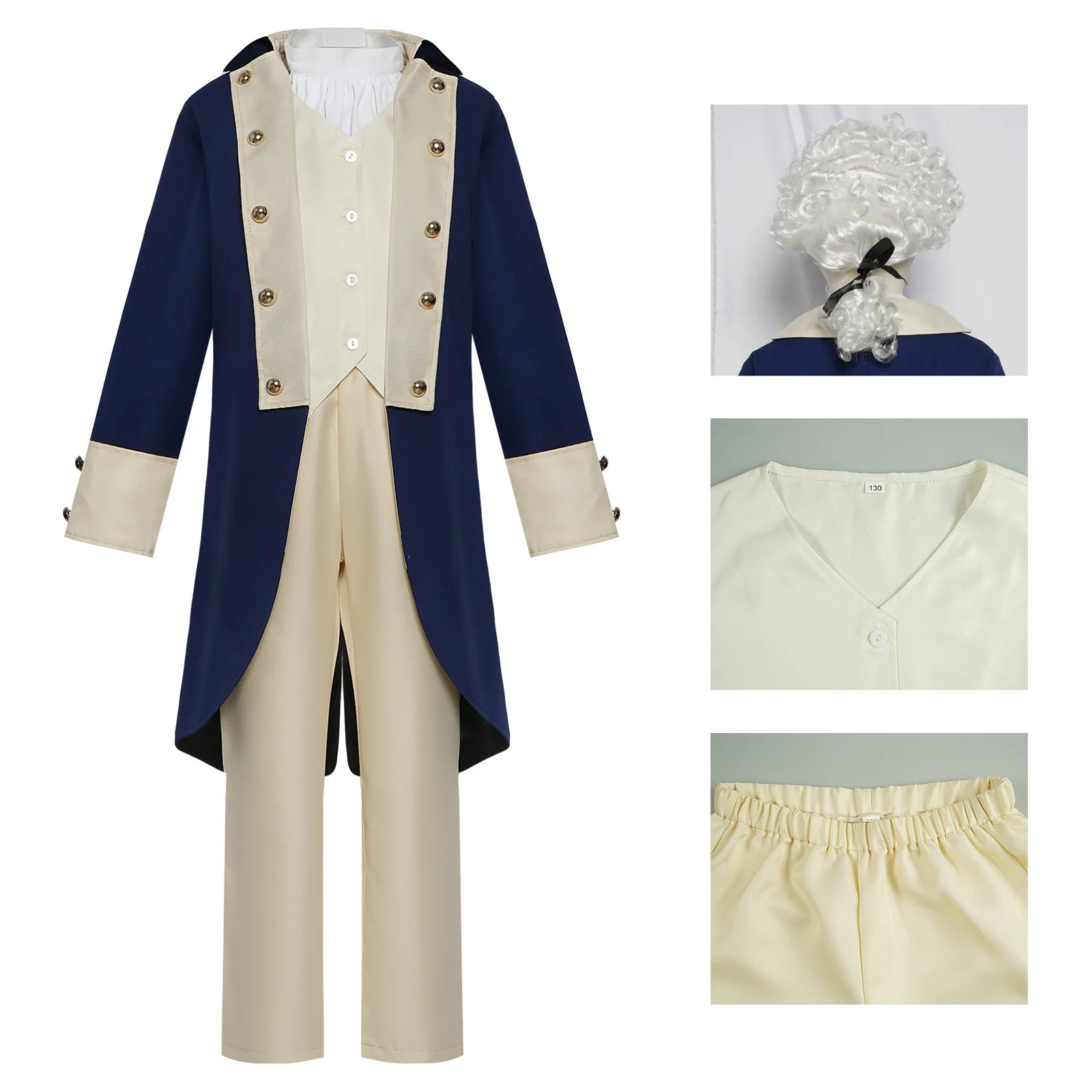 

Kid Boys 18th Century Regency Medieval President Cosplay Hamilton American Colonial Costume Uniform with Wig for Halloween Party