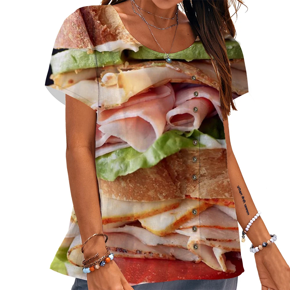 CLOOCL Fashion Women T-shirt Sandwich Bacon Rolls Graphics 3D Printed Tees Button Decorate Short Sleeve Blouse Oversized Tops