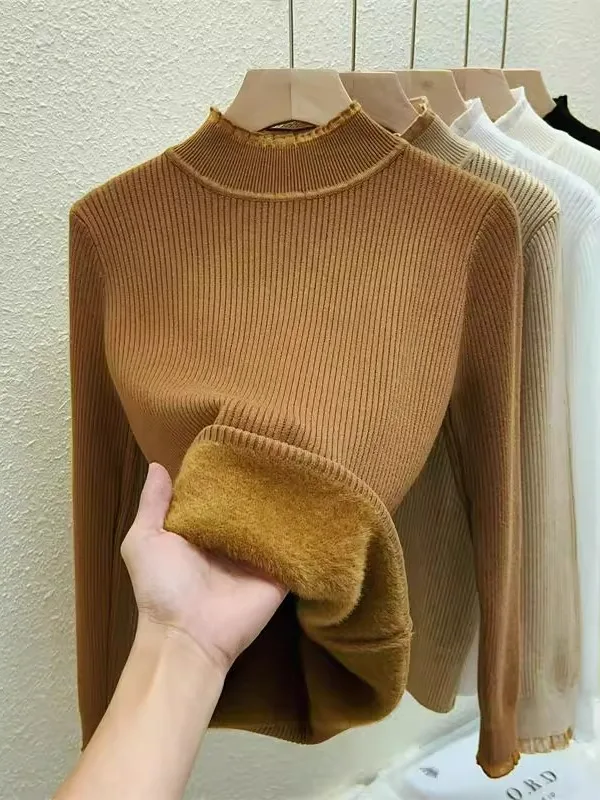 

Утепленный женский вязаный свитер с высоким воротником, кружевной отделкой и вставками, цельный, теплый, для повседневной носки, с длинными рукавами