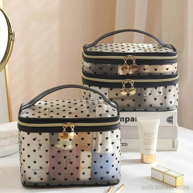 Nylon Mesh Cosmetic Bag Zipper Heart Shaped Toiletry Organizer Makeup Bags Multifunctional Women Lipstick Key Coin Purse Pouch