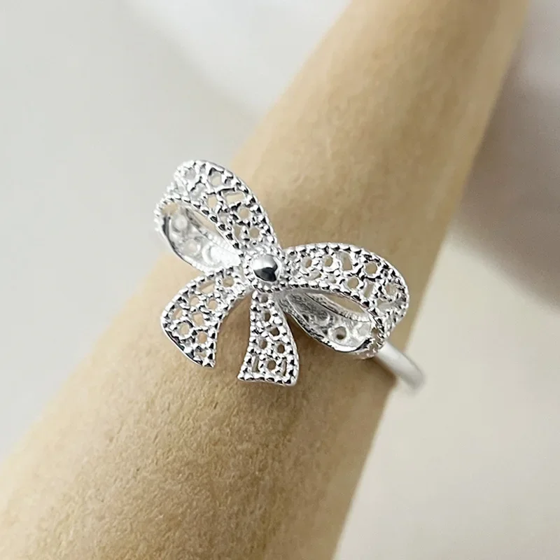 925 Sterling Silver Geometric Hollow Lace Bow Opening Adjustable Rings for Women Fine Jewelry Minimalist Accessories