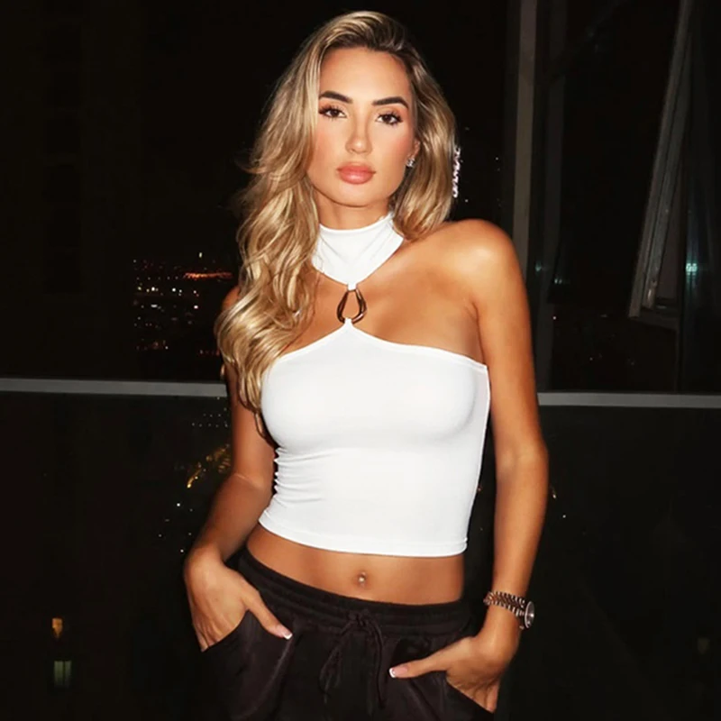 Ticketsx بلوزة نسائية مثيرة بدون أكمام بإبزيم معدني رسن أساسي متين ملابس الشارع الشهير سترة علوية نسائية أنيقة وبسيطة ضيقة #2