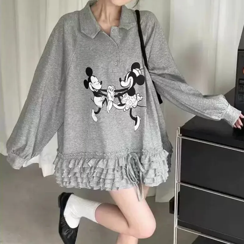 

Disney Mickey Minnie Print Autumn Polo Collar Hoodie Loose Cake Skirt Design Fashion Pullover Korean Version Trend Versatile Top