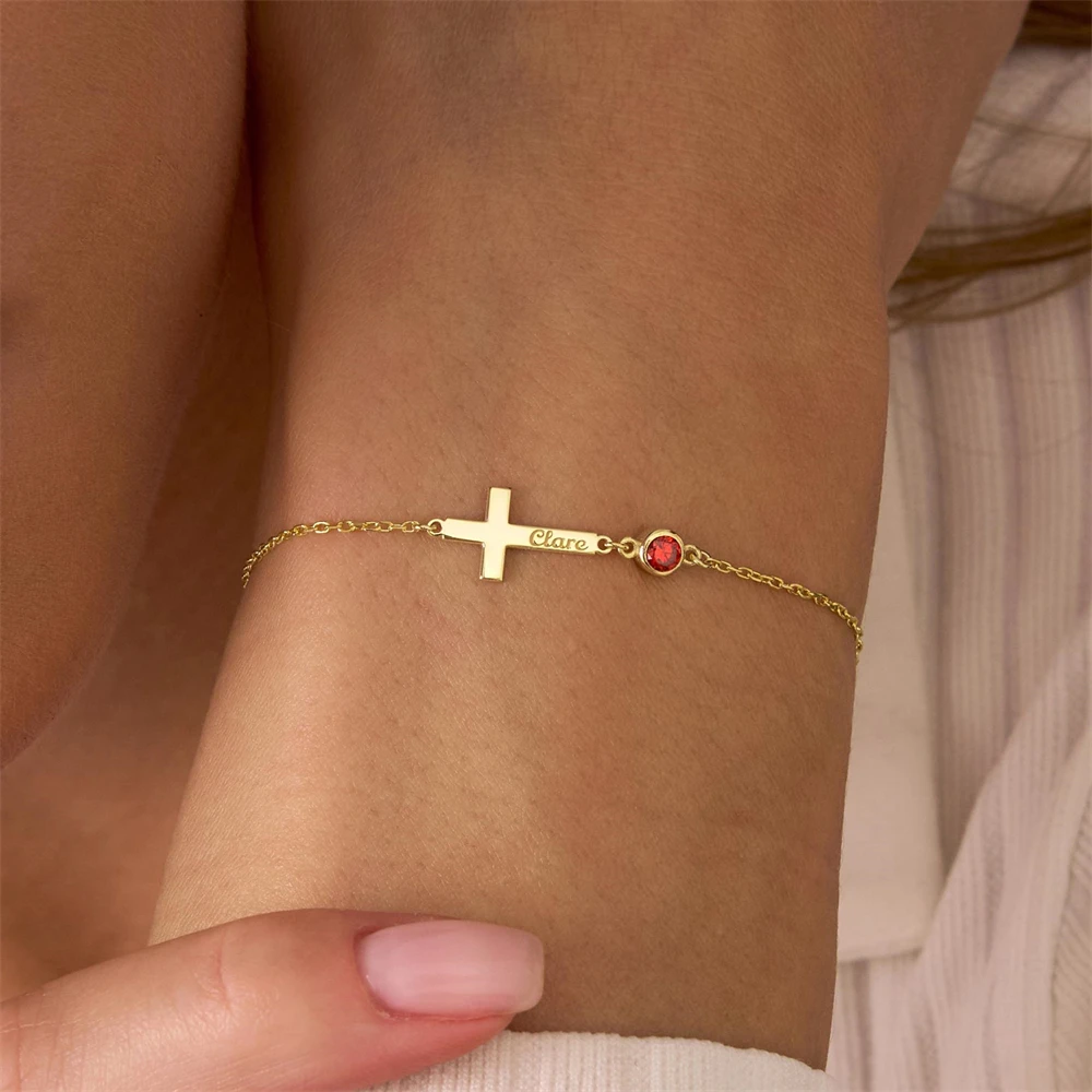 

Engraved Cross Name Bracelet Personalized Birthstone Cross Bracelet for Women Custom First Communion Gift Baptism Jewelry Girl