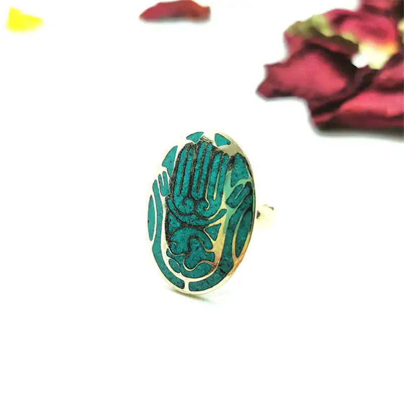 Tibetan Rings Buddhist Buddha Hand Amulet Stamp Ring Copper inlaid Stone Oval R030