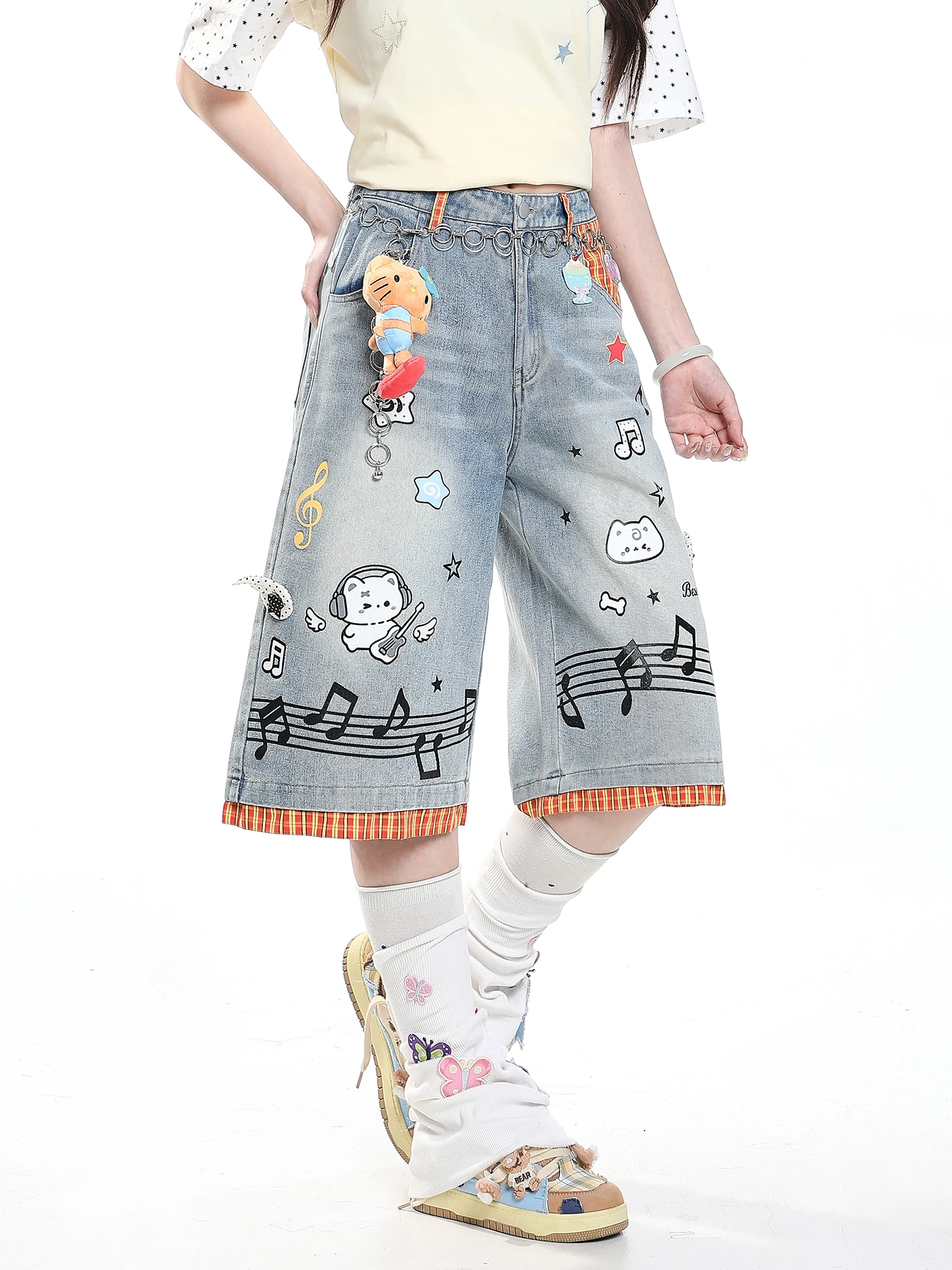 Casual Wide Leg Denim Jeans Women Summer Loose Printed Splicing Design Short Pants Comfortable Breathable Straight Tube Jeans