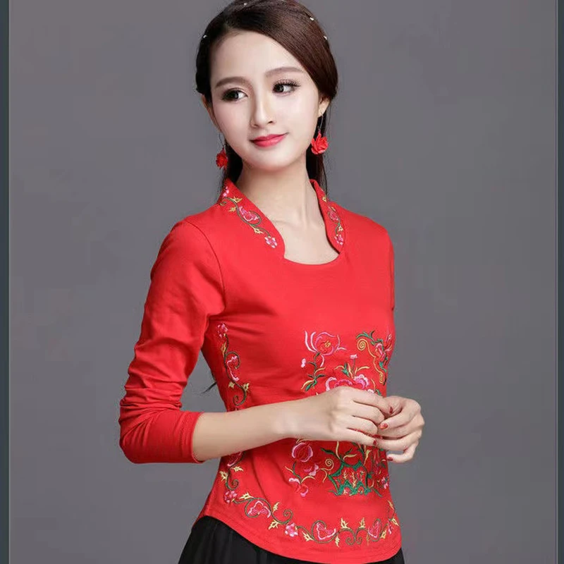 Retro Spring Autumn Embroidered T-shirt Top Hanfu Coat Chinese Traditional Women Clothing Slim Fitting of National Bottom Shirt