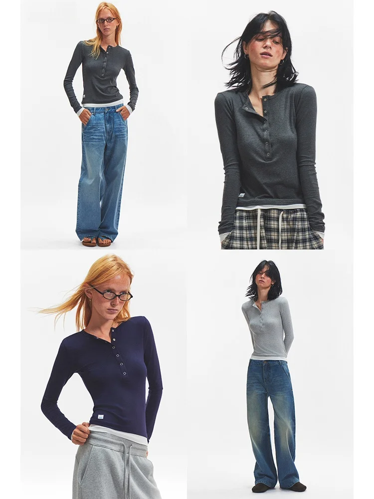 

Slim Fit Long Sve T-irt Henry Collar Button up Color Blo Texture Women's Base irt Casual Commute Sle Printed Creative