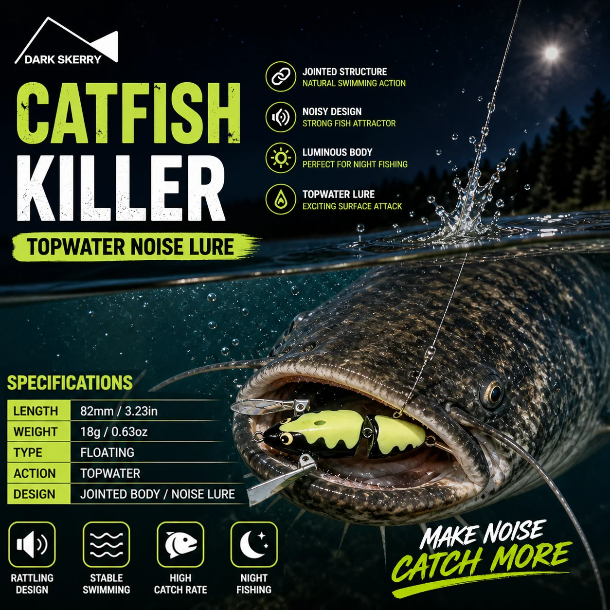 82mm 18g Floating Jointed Catfish Lure, Topwater Splashing, Luminous Rattle Bead, High Strike Rate for Night Fishing