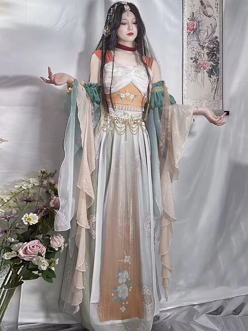 

Ancient Chinese Hanfu Halloween Loulan Princess Dunhuang Flying Sky Role Playing Costume Women's Clothing Set