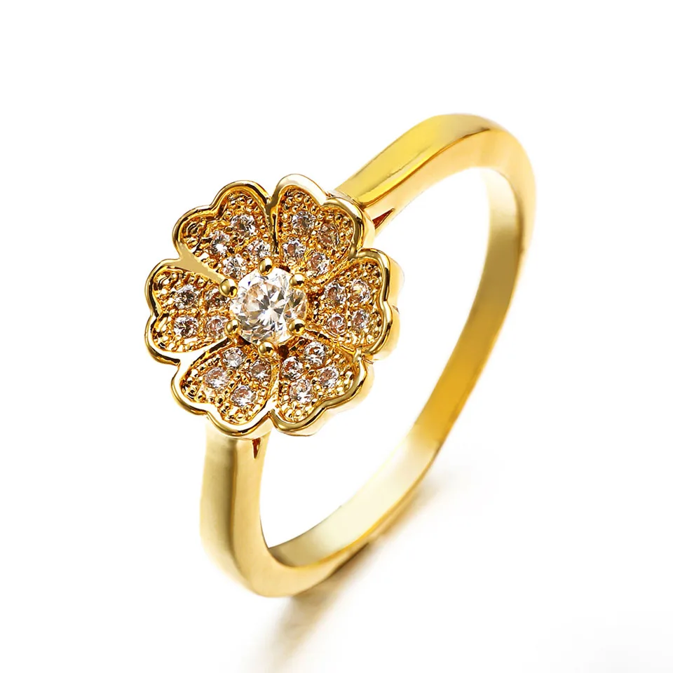 

VANAXIN Flower Ring for Women Cubic Zirconia 14k Gold Color Fashion Romantic Luxury wedding Jewelry
