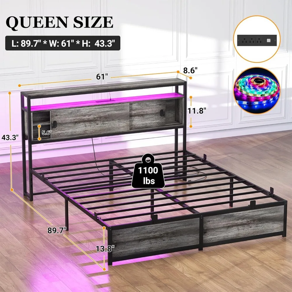 Queen Size Bed Frame - Storage Headboard Bed with Sliding Doors, LED Lights & USB Charging Station, Metal Platform Bed Frame