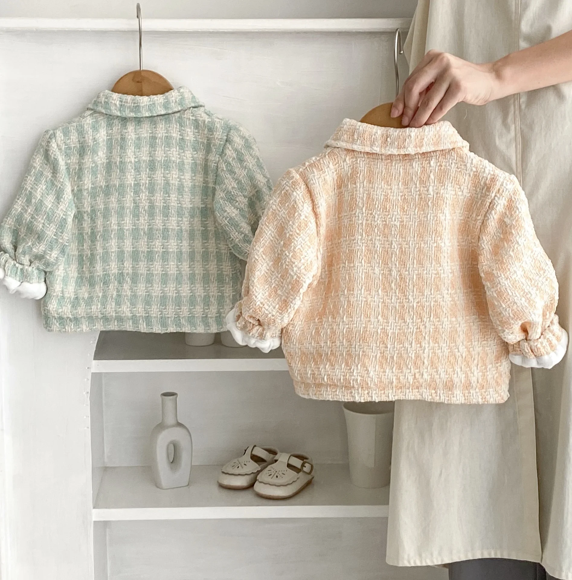 Baby Girl Jacket Coat 2024 New Winter Baby Girl Double Pocket Plaid Cardigan Tweed Lapel Jacket Outing Clothes