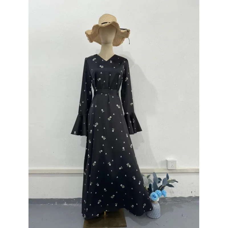 European Station Spring New Ruffle Sleeve Waist-Cinching Floral Gentle Style Long Dress