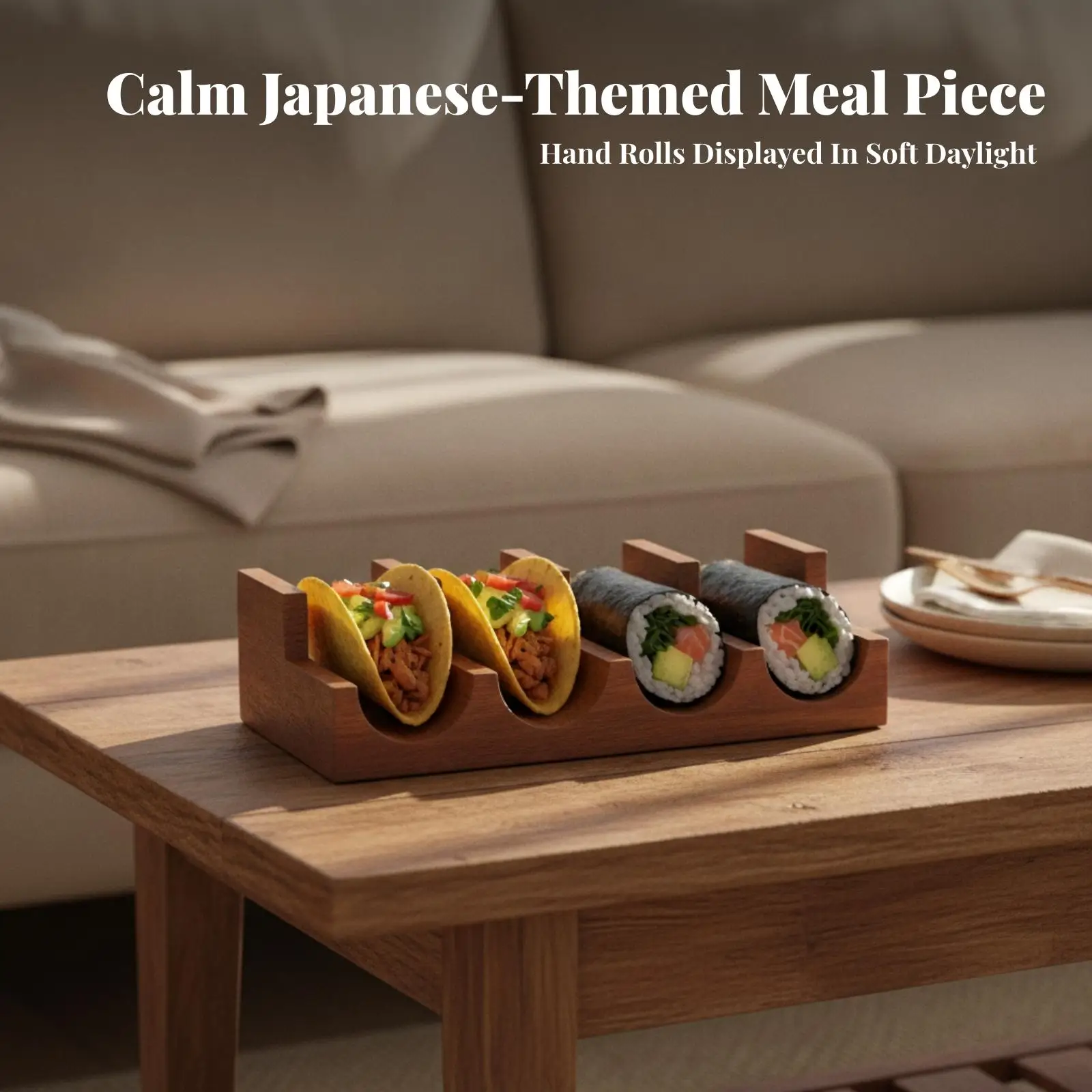 Compact Sushi Serving Rack Wood Finish, Raised End Walls, curved Sushi Rack, for Japanese dining