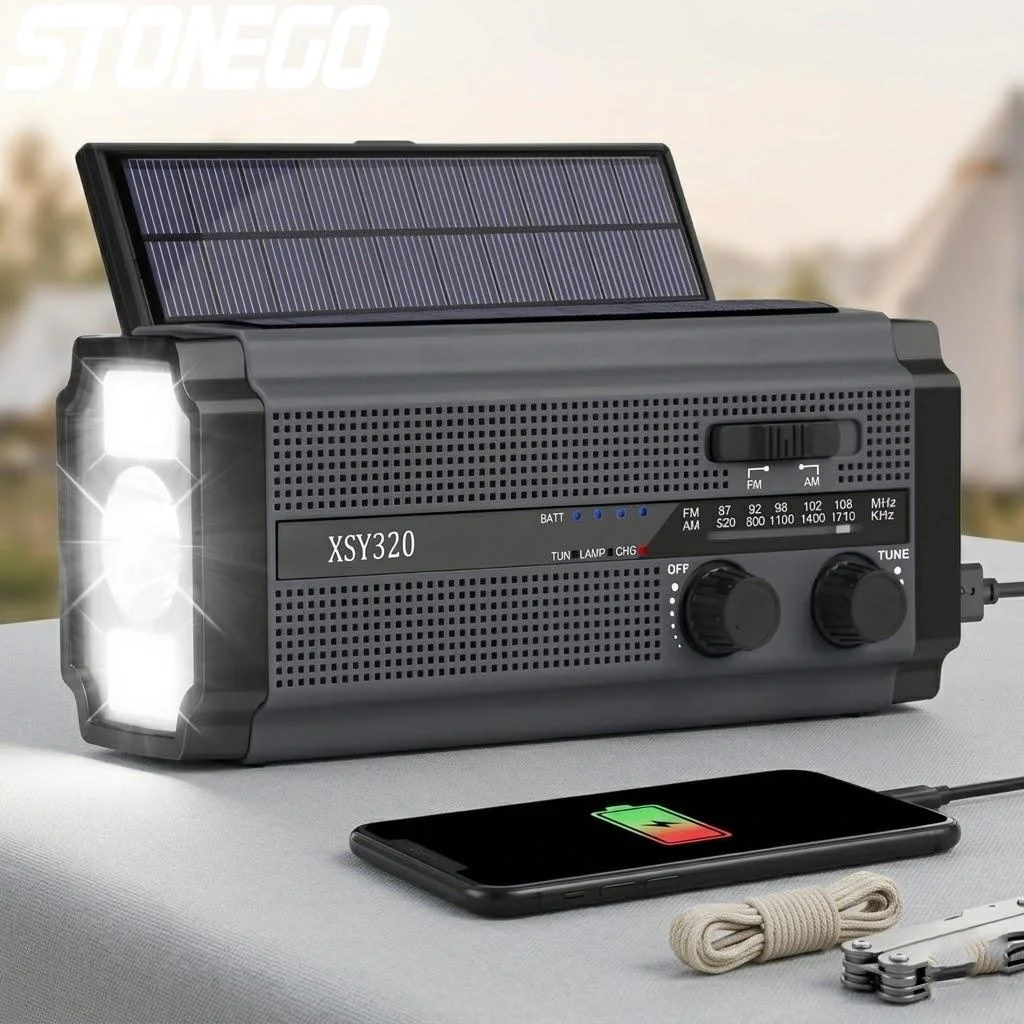 

Портативное солнечное радио с ручным приводом AM/FM, 5000 мАч, Power Bank, LED-фонарь, SOS-сигнал, для кемпинга и походов