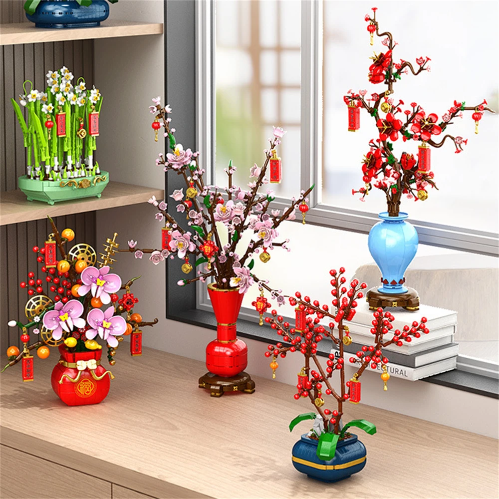 City Creativity Flower Bouquet Peach Blossom Narcissus Bonsai Potted Plant Building Blocks Model Home Decoration Toy For Kids