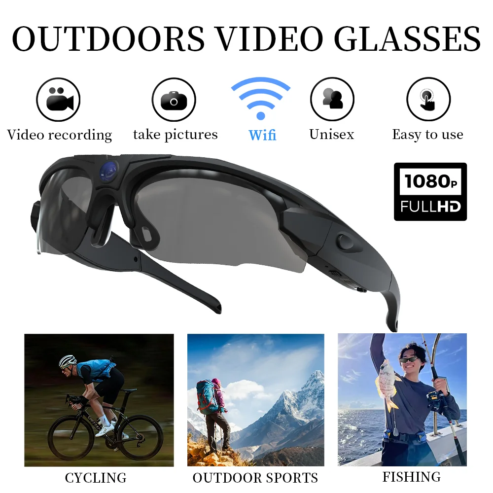 FHD POV Camera Sunglasses Wireless WIFI 1080P FPV Outdoor Sports Recording Eyeglasses Wearable Bodycam Smart Video Glasses