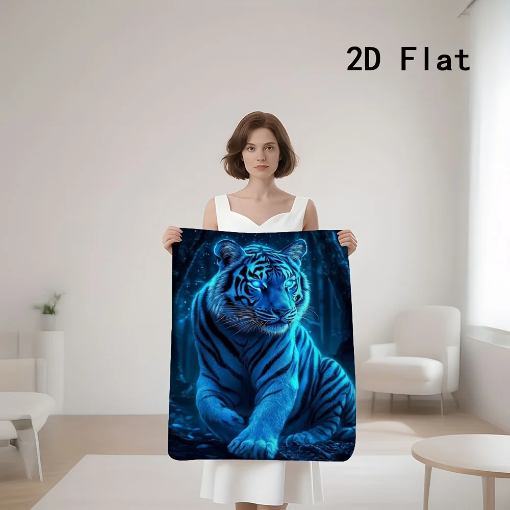 1pc Trendy Cool Glowing Blue Tiger in Dark Forest Pattern Decorative Throw Blanket for Home Sofa Daily Use And Outdoor Activitie