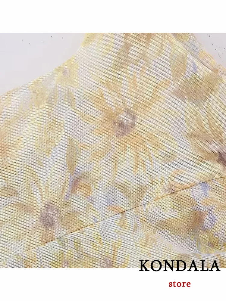 KONDALA Vintage Chiffon Flower Cami Women Dress Square Collar Front Split Folds Slim Long Vestidos Fashion 2023 Summer Dress