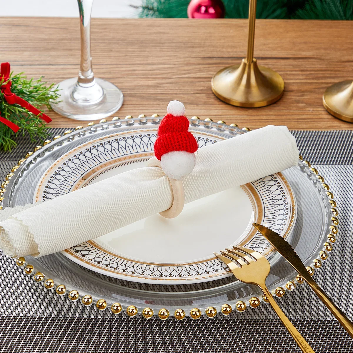Tempat Serbet Natal dari Kayu, Topi Rajut Natal, Tempat Serbet Syal, Tempat Serbet Rustic Lucu untuk Makan Malam Natal dan Ulang Tahun