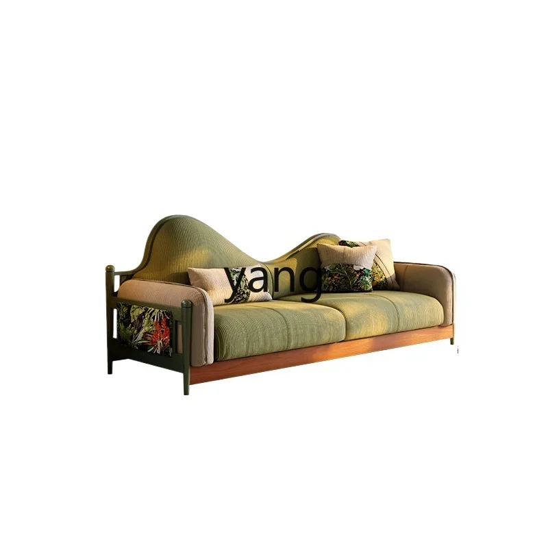 YJQ Fabric Sofa French Retro Style Small Apartment Living Room Green Vintage Style Three-Seater Solid Wood Sofa